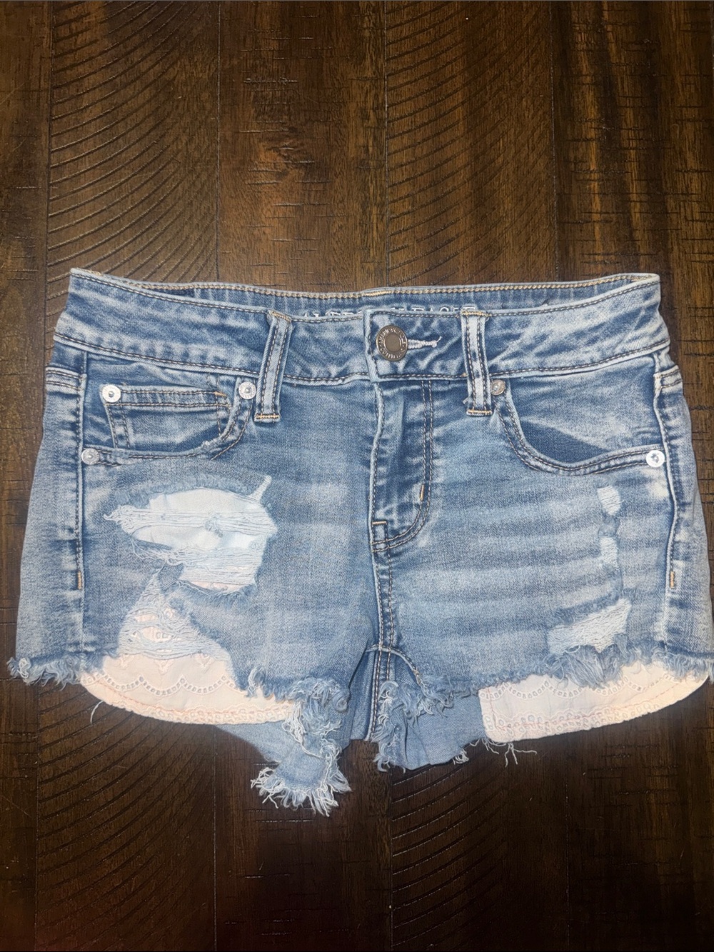 AE Denim Distressed Lace-Trim Women's Shorts - Light Blue
